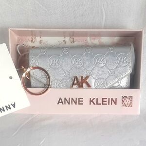 Anne Klein Womens Wallet Flap Card Case With Key Chain Silver in Box NEW